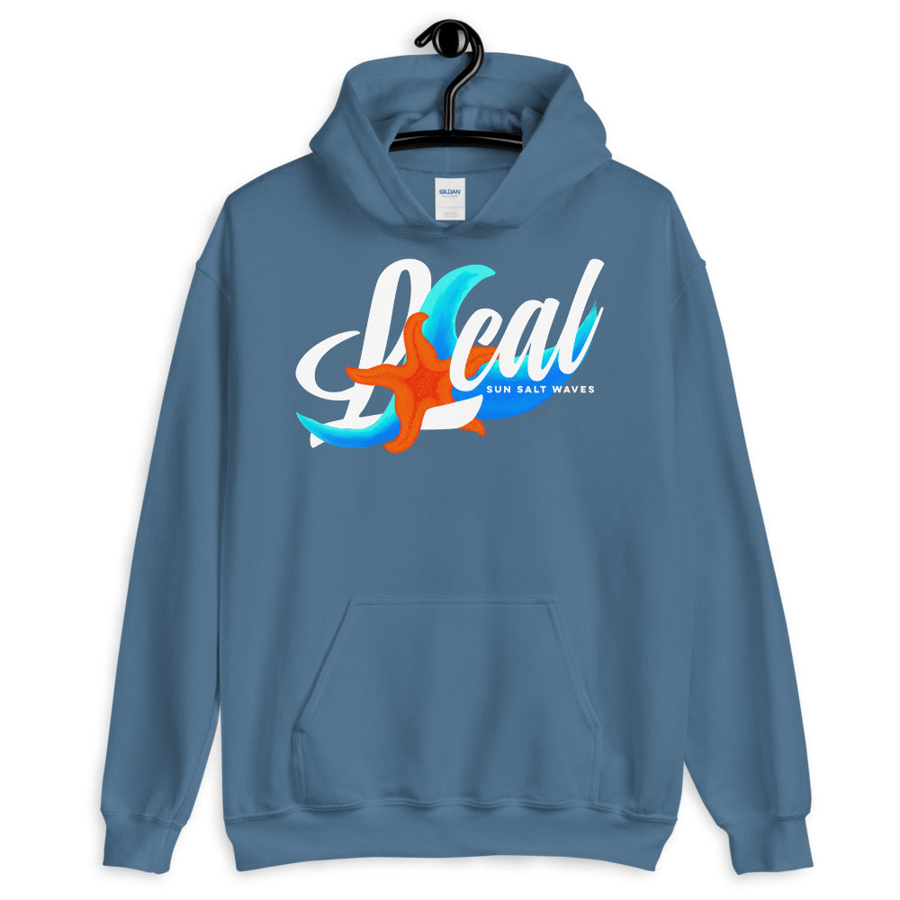 Sun Salt Waves Sea Life ‘Local’ Indigo Blue Hoodie Unisex Men’s Women’s Graphic Starfish and Multi Color Wave in Local Print