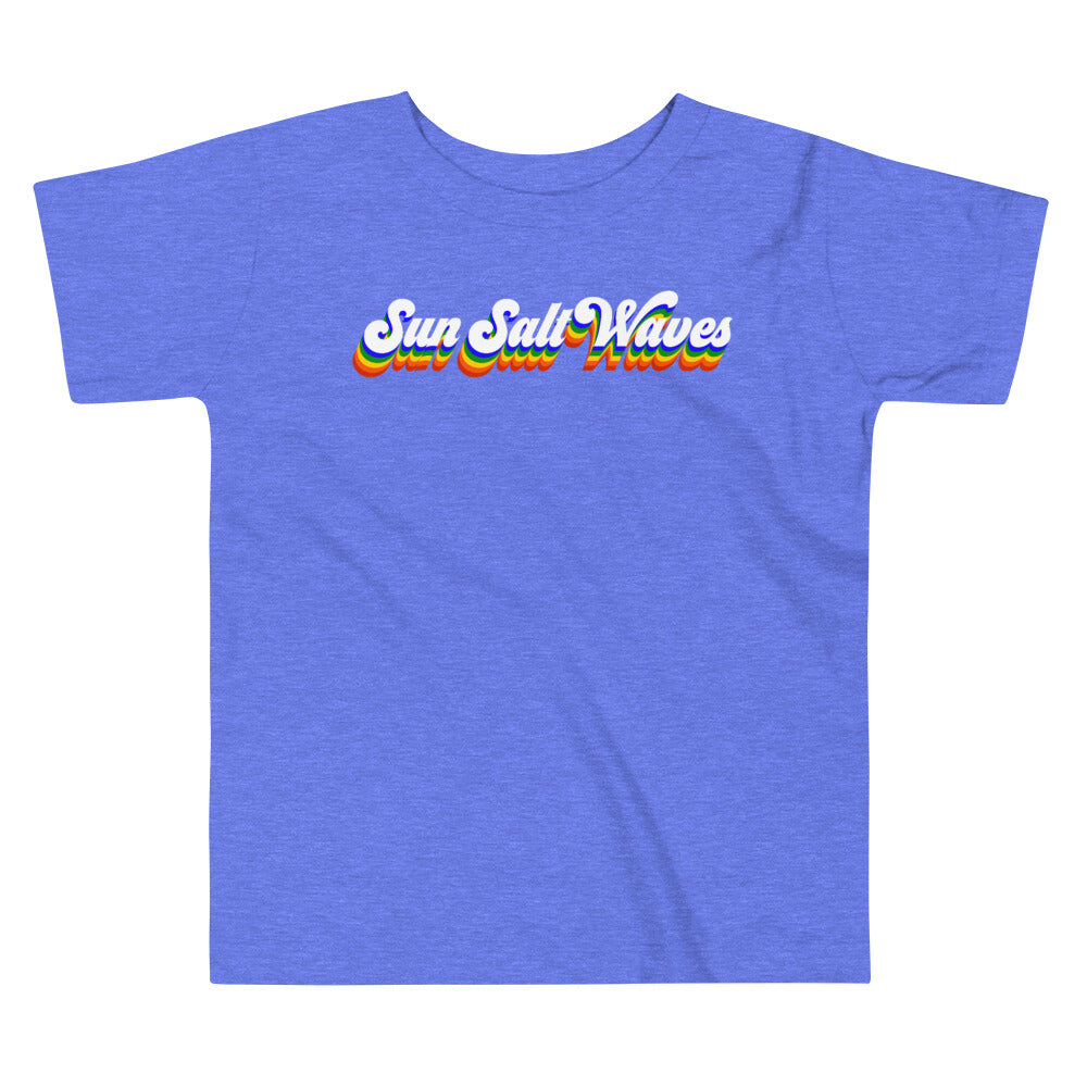 Vintage Vibes Toddler Tee from Sun Salt Waves Rainbow Script Blue