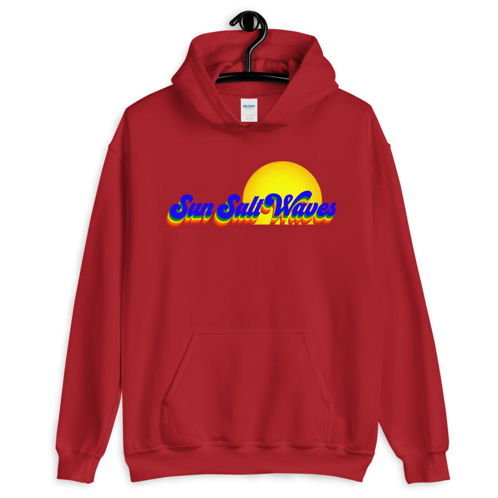 Sun Salt Waves Vintage Vibes Red Hoodie Unisex Men's Women's Rainbow Sun Salt Waves with Sun in Background