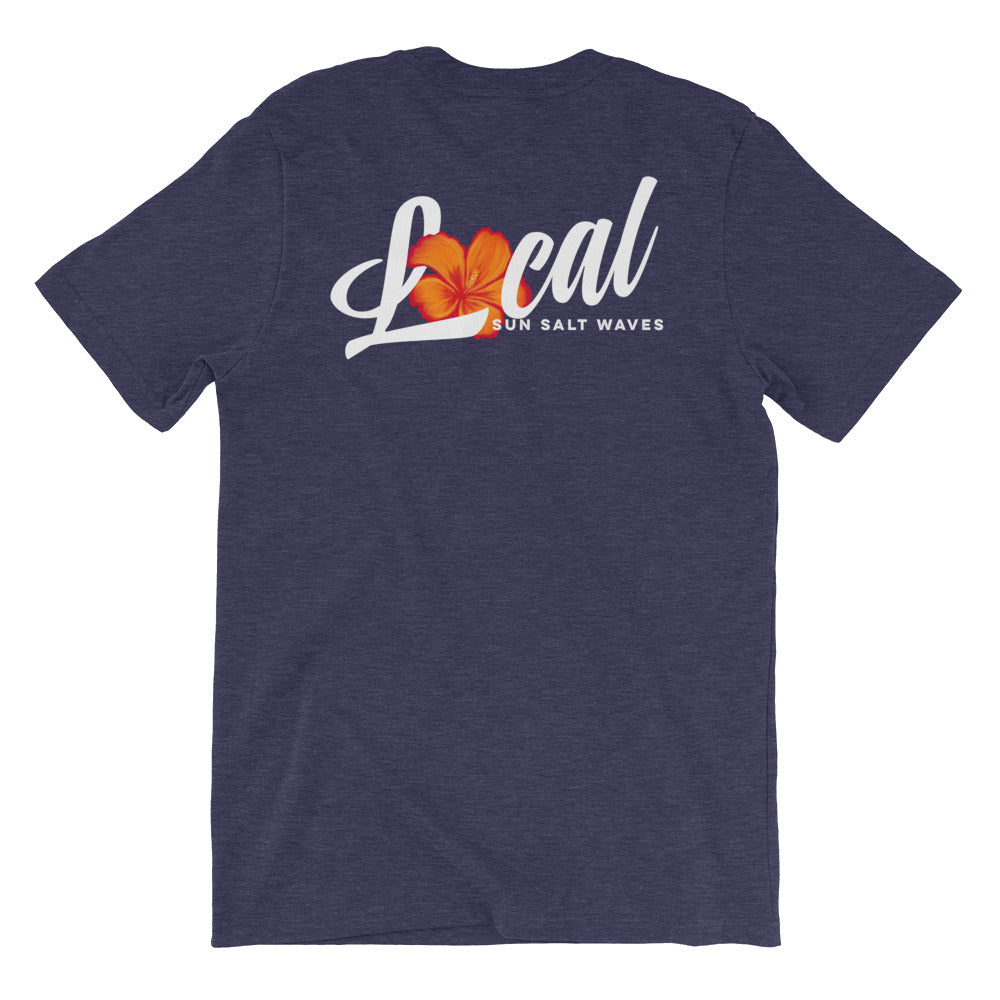 Hibiscus ‘Local’ Tee Unisex Graphic Tee Sun Salt Waves Orange Hibiscus Local Front and Back Print Men’s Women’s Navy