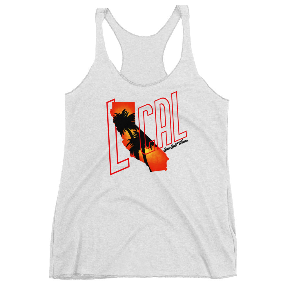 Cali ‘Local’ Racerback Tank Women Junior California Silhouette with Sunset and Palm Silhouette White Athleisure