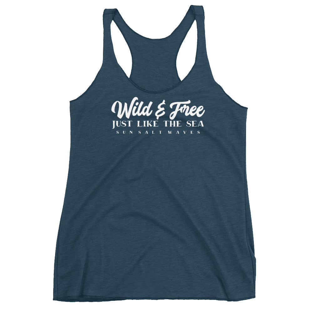 Wild and Free Racerback Tank Just Like the Sea Sun Salt Waves Junior Women Indigo