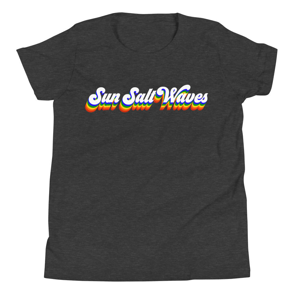 Vintage Vibes Youth Tee from Sun Salt Waves hand designed, colorful Sun Salt Waves design, reminiscent of vintage California Heather Charcoal