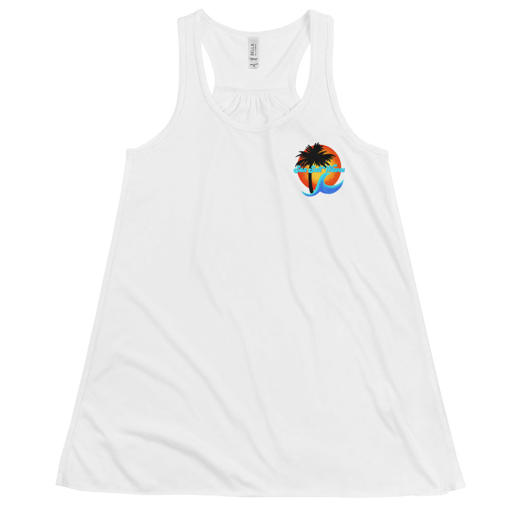 Sun Salt Waves Flowy Racerback Tank Graphic Tank Sun Wave and Palm Tree Silhouette White Women’s Junior’s