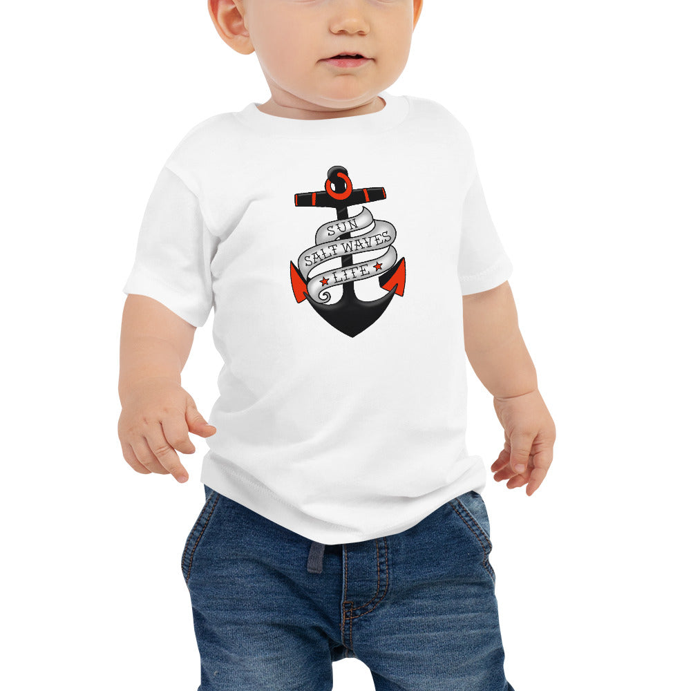 Sink or Swim Baby Tee from Sun Salt Waves Vintage Tattoo Anchor and Banner Design Baby Model in White Tee