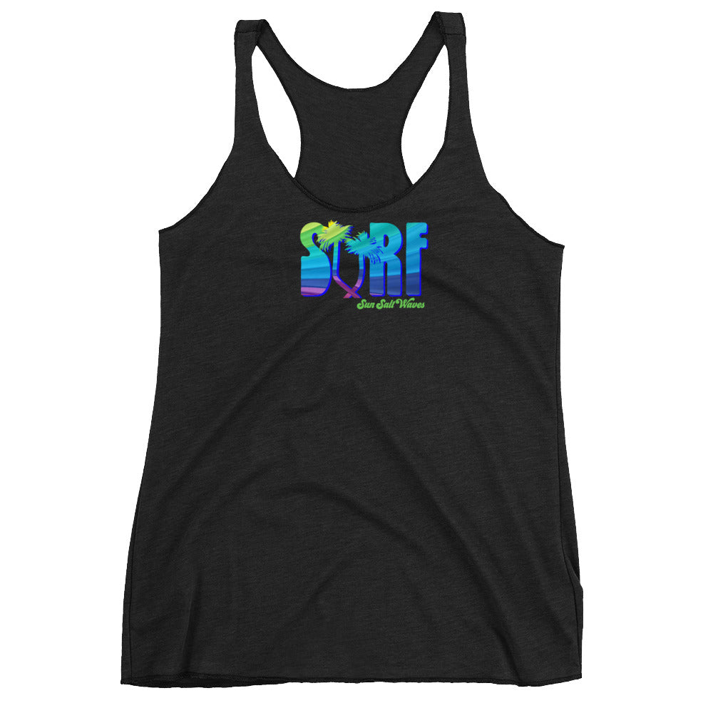 Surf Life Racerback Tank from Sun Salt Waves Colorful Typography and Palm Silhouettes Heather Charcoal Gray