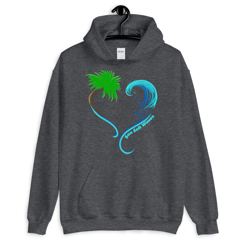 Sun Salt Waves Rising Tides Indigo Blue Hoodie Unisex Men’s Women’s Graphic Heart Shaped Multi Color Wave and Palm Silhouette Heather Gray
