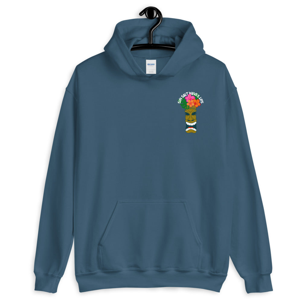 Sun Salt Waves Tiki Indigo Blue Hoodie Unisex Men's Women's Graphic Tiki with Flower Crown