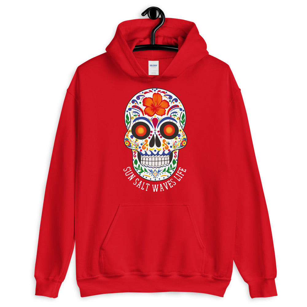 Sun Salt Waves Life Black Hoodie Unisex Men's Women's Sugar Skull Red