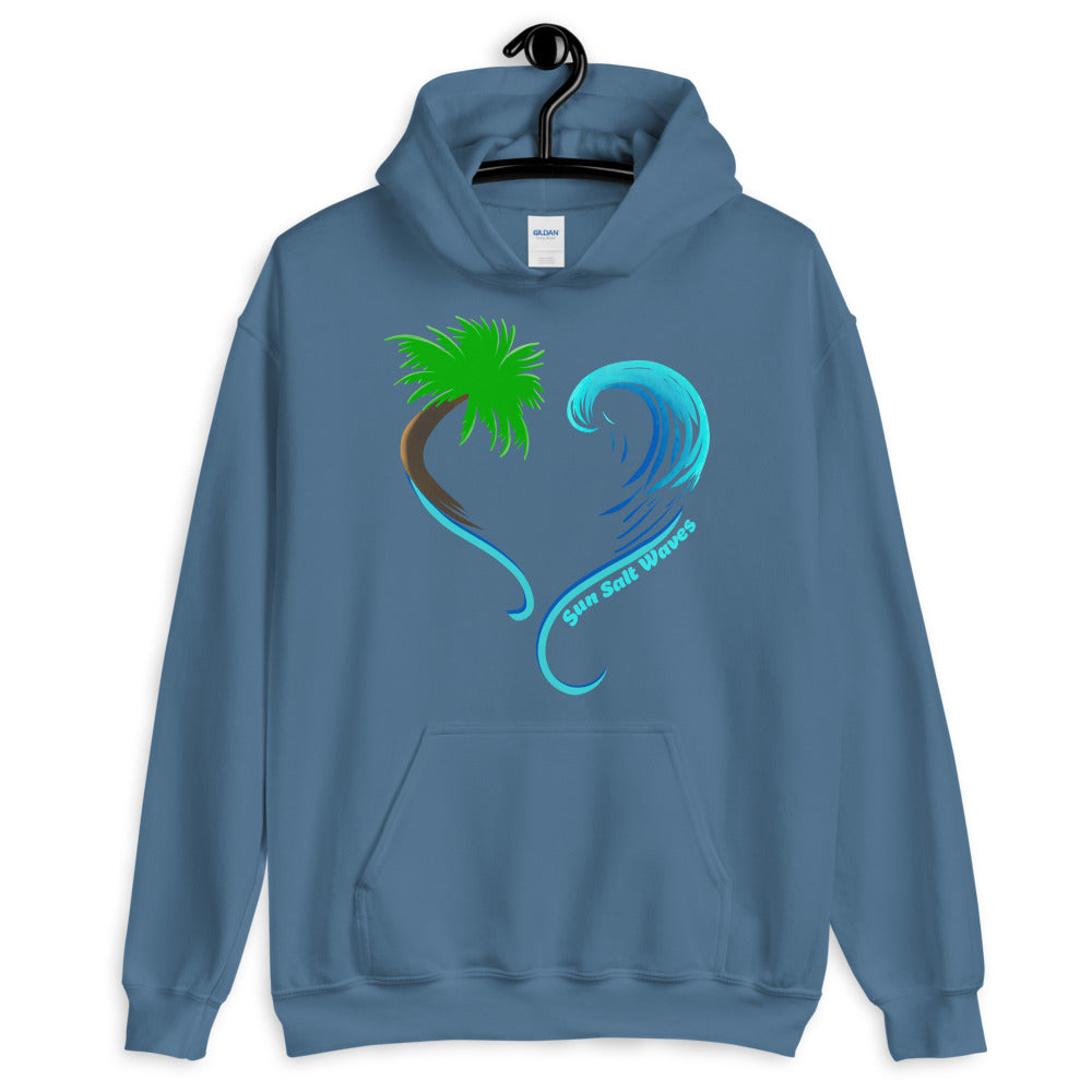 Sun Salt Waves Rising Tides Indigo Blue Hoodie Unisex Men’s Women’s Graphic Heart Shaped Multi Color Wave and Palm Silhouette Indigo