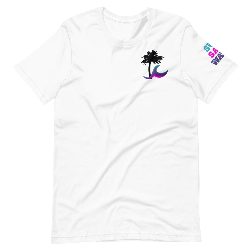 Paradise Palm Sleeve and Chest Print Sun Salt Waves on Sleeve and Colorful Wave and Palm Silhouette on Chest White