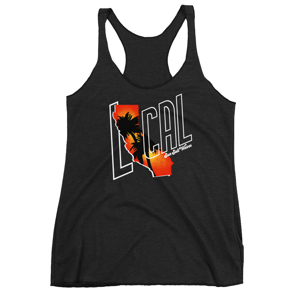 Cali ‘Local’ Racerback Tank Women Junior California Silhouette with Sunset and Palm Silhouette Black Athleisure
