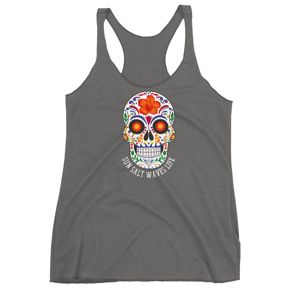Sun Salt Waves Life Flowy Racerback Tank Graphic Tank Sugar Skull Women’s Junior’s Sun Salt Waves Heather Gray