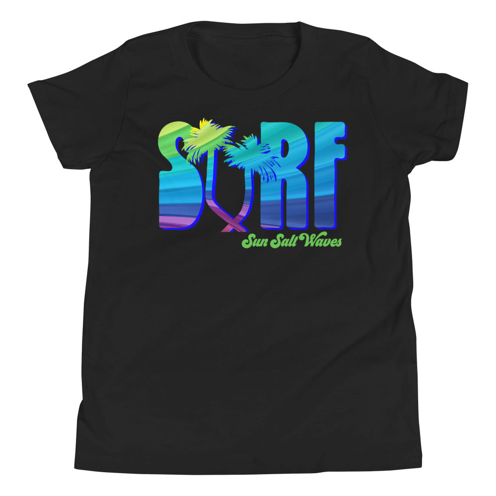 Surf Life Youth Tee Sun Salt Waves Colorful Typography Palm Tree Black