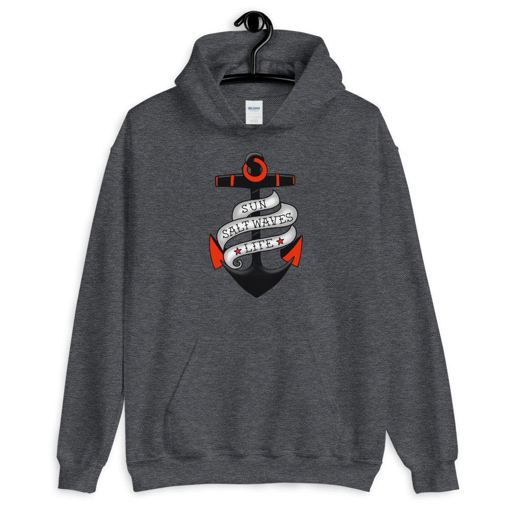 Sink or Swim Hoodie Red Black and White Vintage Tattoo Anchor Sun Salt Waves Unisex Heather Charcoal