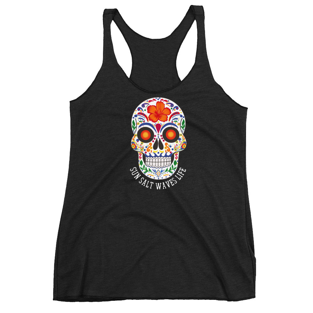 Sun Salt Waves Life Flowy Racerback Tank Graphic Tank Sugar Skull Women’s Junior’s Sun Salt Waves Black