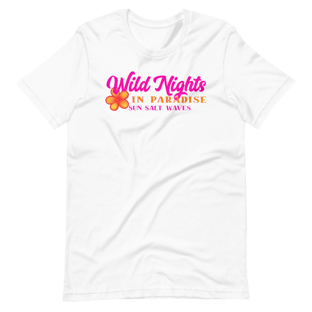 Wild Nights in Paradise Tee from Sun Salt Waves Typography in Bright Pink and Orange with Plumeria White