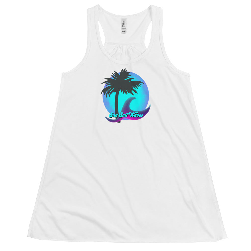 Night Moon Flowy Racerback Tank Graphic Tank Moon Palm and Wave Sun Salt Waves White