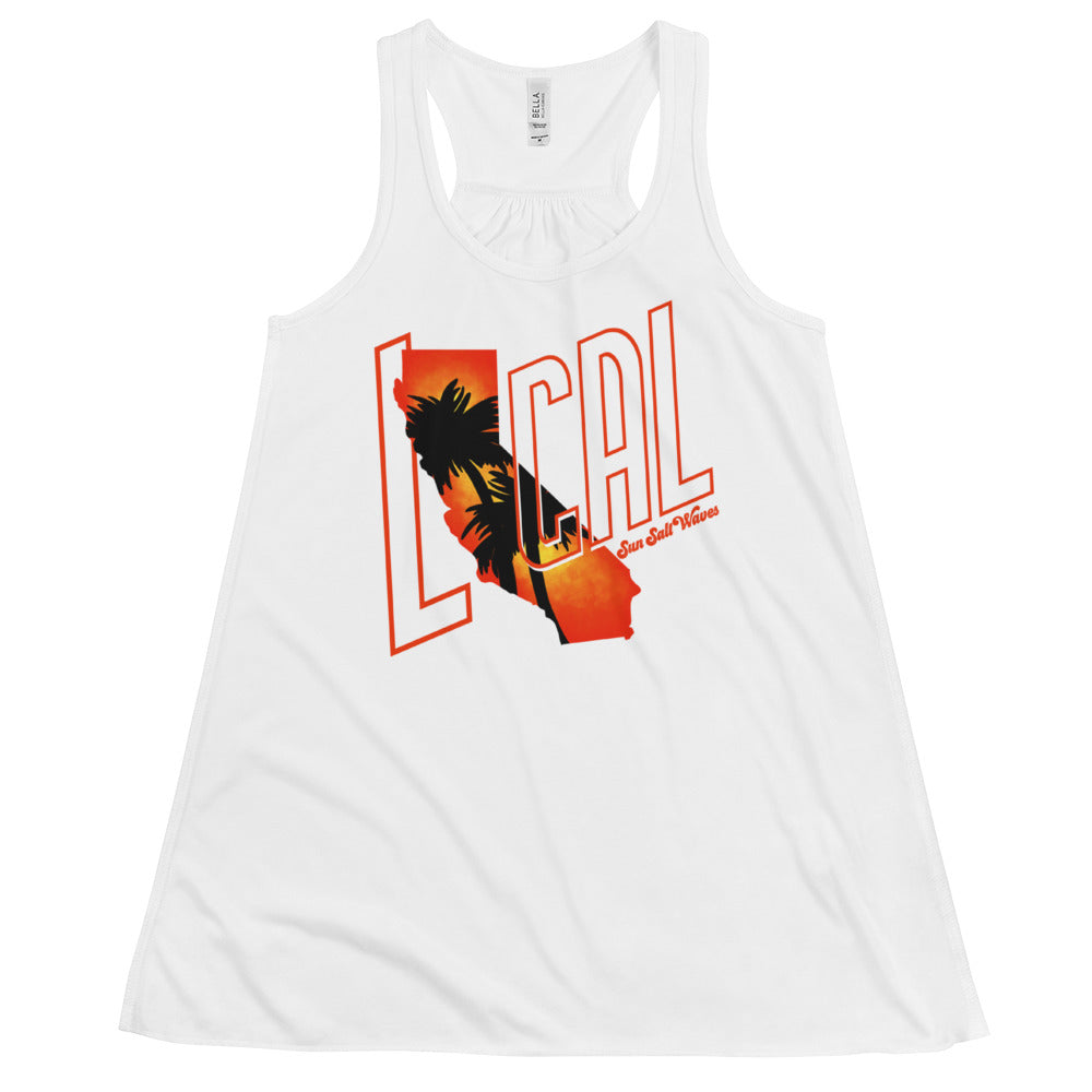 Cali ‘Local’ Flowy Racerback Tank Local Sunset Palms California Silhouette Graphic Tank Women’s Junior’s Sun Salt Waves White