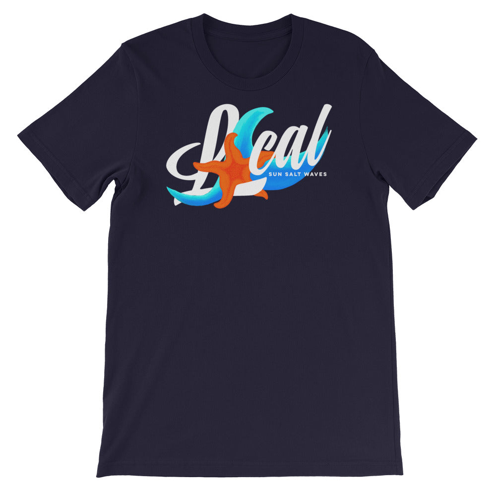 Sea Life ‘Local’ Raw Neck Tee Unisex Graphic Tee Wave Starfish and Local Sun Salt Waves Men’s Women’s Navy