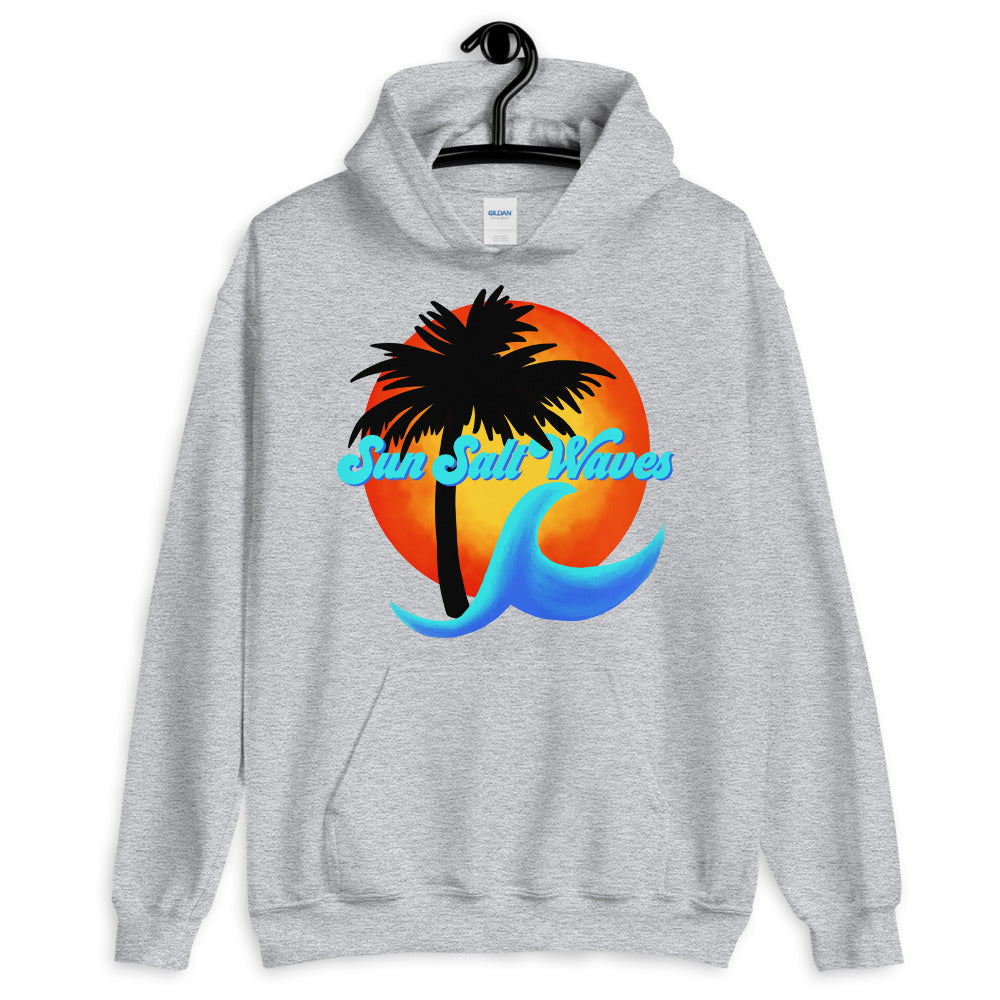 Sun Salt Waves Hoodie Unisex Graphic Local with Multi Color Wave and Sun and Palm Silhouette