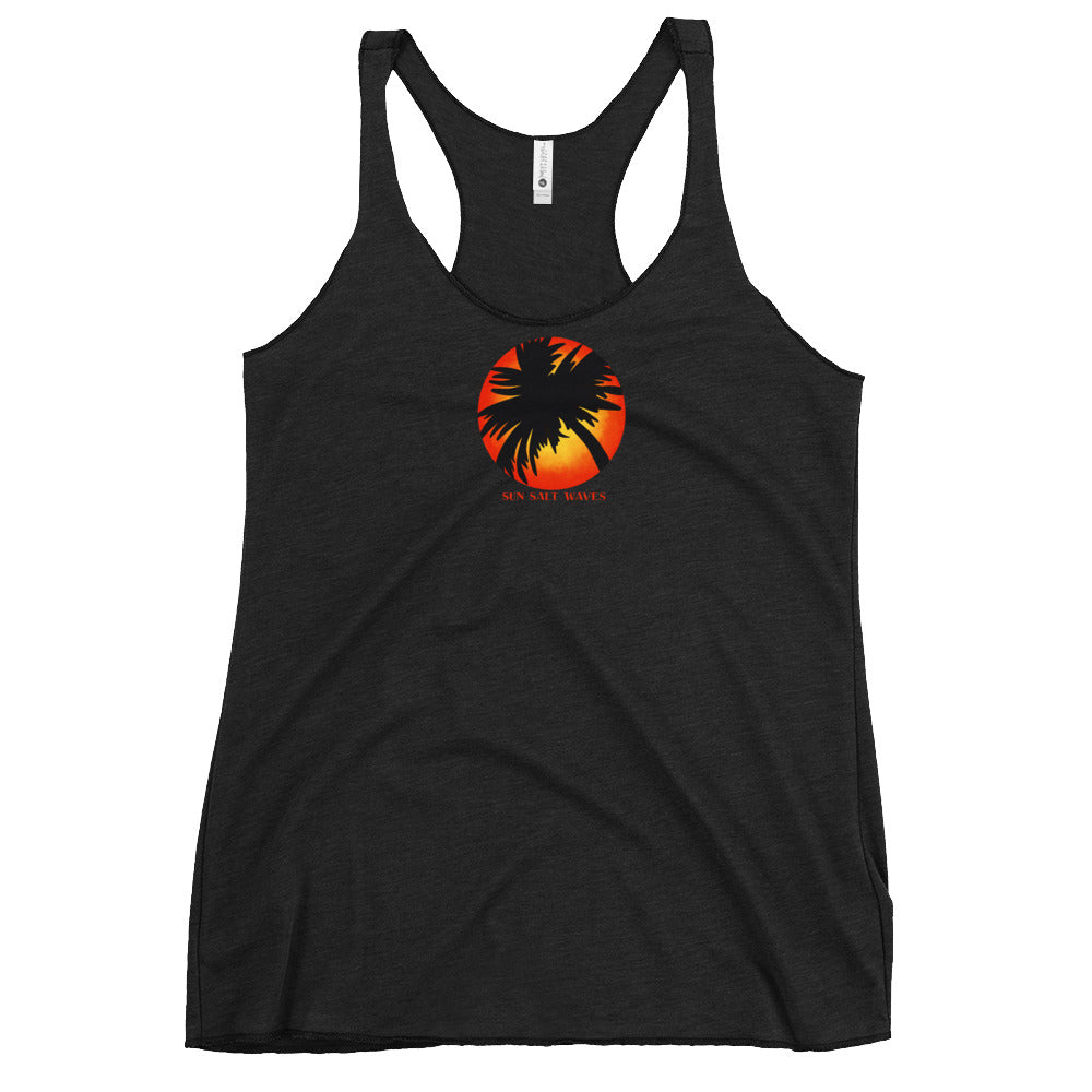 Sunset Palm Racerback Tank Palm Silhouette Sunset Women Junior Heather Charcoal