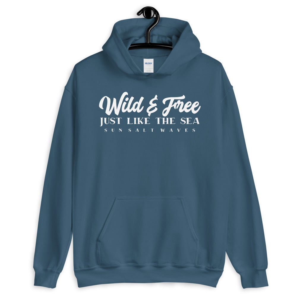 Sun Salt Waves Wild and Free Just Like the Sea Indigo Blue Hoodie Unisex Men's Women's Graphic
