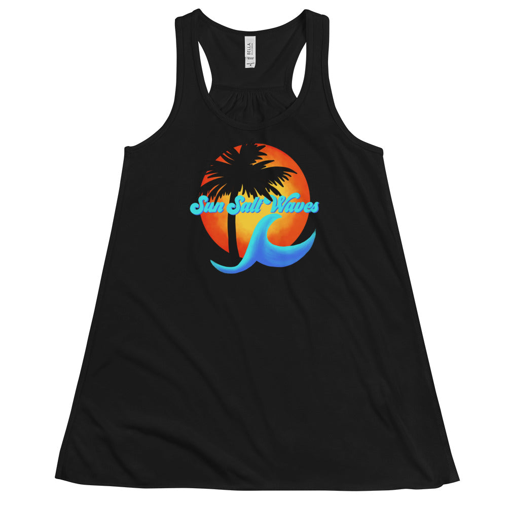 Sun Salt Waves Flowy Racerback Tank Graphic Tank Sun Wave and Palm Tree Silhouette Black