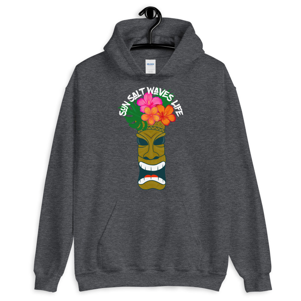Sun Salt Waves Tiki Heather Dark Grey Hoodie Unisex Men's Women's Graphic Large Tiki with Flower Crown Tiki with Flower Crown