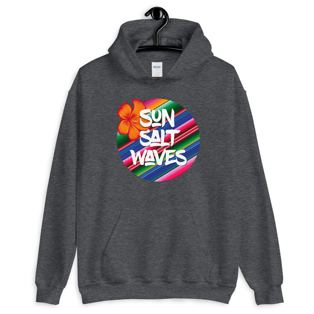 Serape Heather Dark Grey Hoodie Unisex Men's Women's Graphic Orange Hibiscus, Sun Salt Waves and Serape Circle