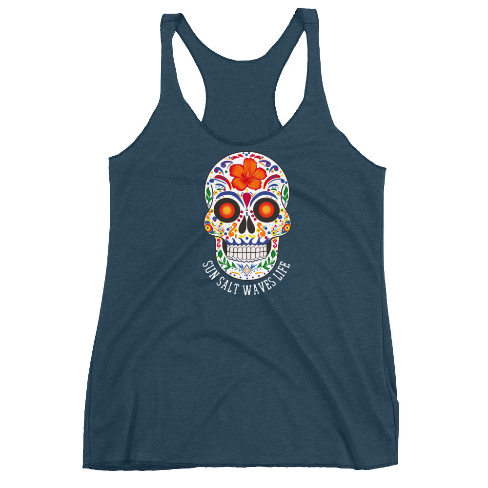 Sun Salt Waves Life Flowy Racerback Tank Graphic Tank Sugar Skull Women’s Junior’s Indigo Blue Sun Salt Waves