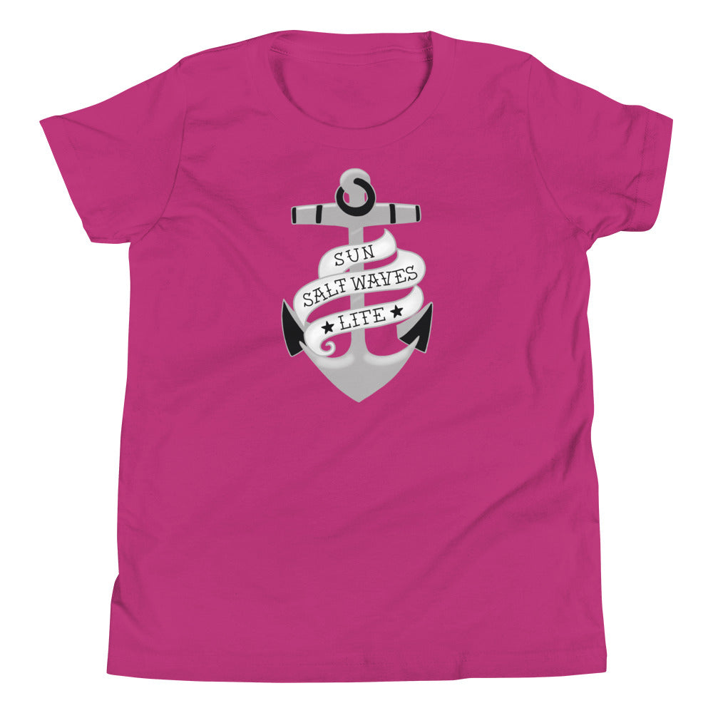 Sink or Swim Youth Tee from Sun Salt Waves vintage style, nautical anchor with a banner that reads Sun Salt Waves Life Berry