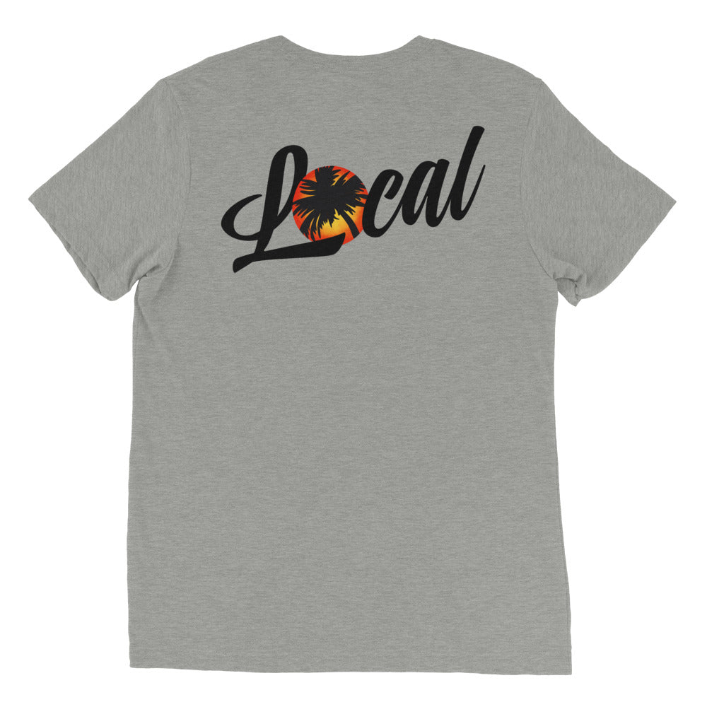 Sunset ‘Local’ Tee Unisex Graphic Tee Sunset and Palm Sun Salt Waves Front and Back Print Men’s Women’s Heather Gray