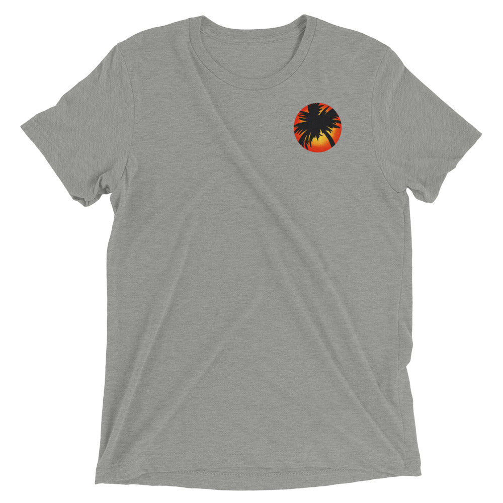 Sunset ‘Local’ Tee Unisex Graphic Tee Sunset and Palm Sun Salt Waves Front and Back Print Men’s Women’s Heather Gray