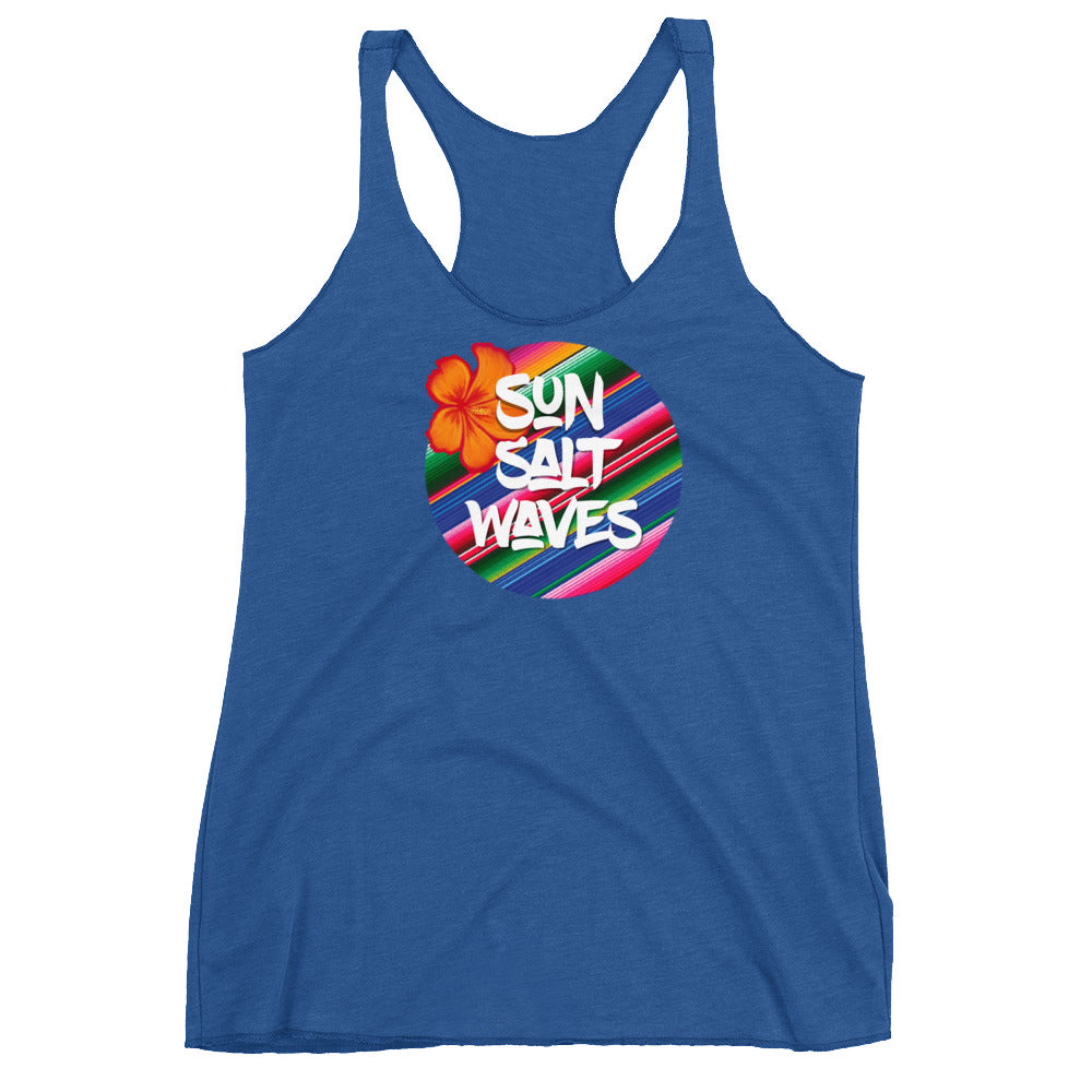 Serape Racerback Tank Graphic Tank Orange Hibiscus and Sun Salt Waves on a Serape Circle Women’s Junior’s Sun Salt Waves Royal Blue