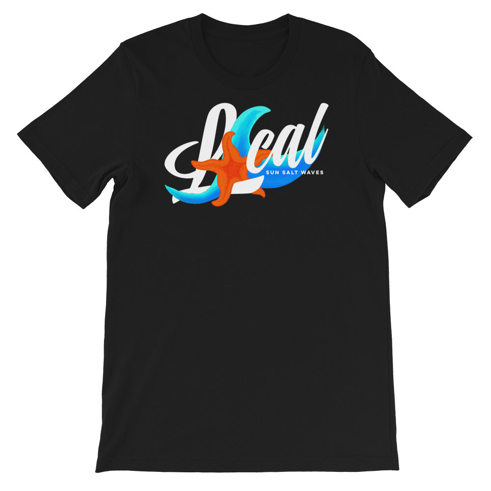 Sea Life ‘Local’ Raw Neck Tee Unisex Graphic Tee Wave Starfish and Local Sun Salt Waves Men’s Women’s Black