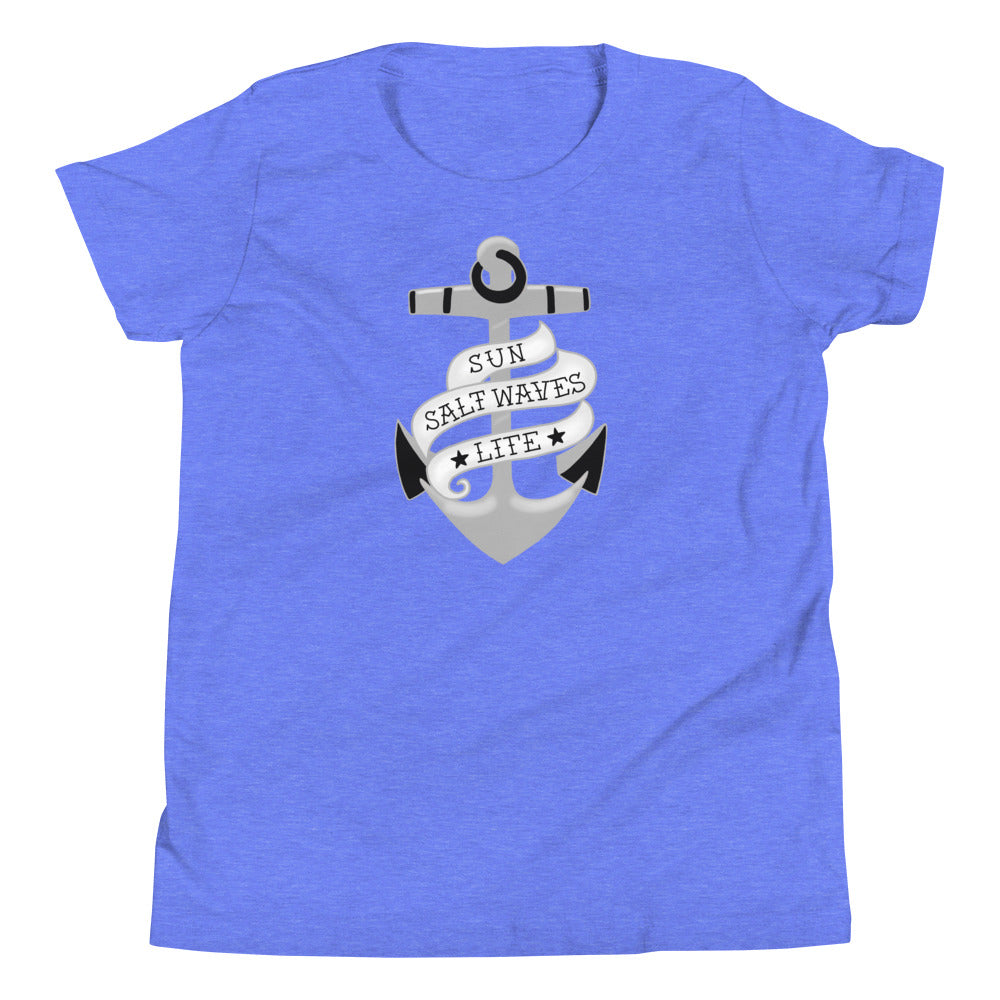 Sink or Swim Youth Tee from Sun Salt Waves vintage style, nautical anchor with a banner that reads Sun Salt Waves Life Blue