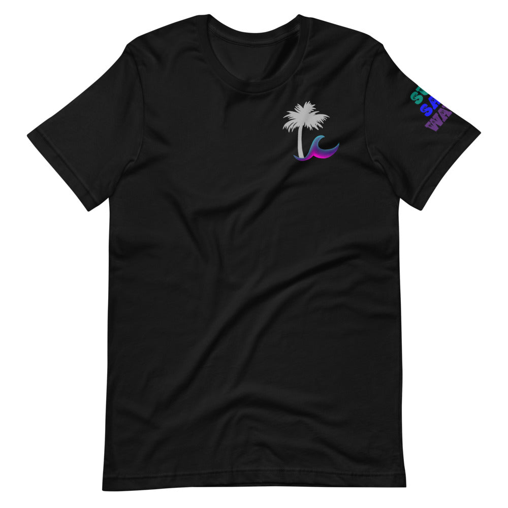 Paradise Palm Sleeve and Chest Print Sun Salt Waves on Sleeve and Colorful Wave and Palm Silhouette on Chest Black