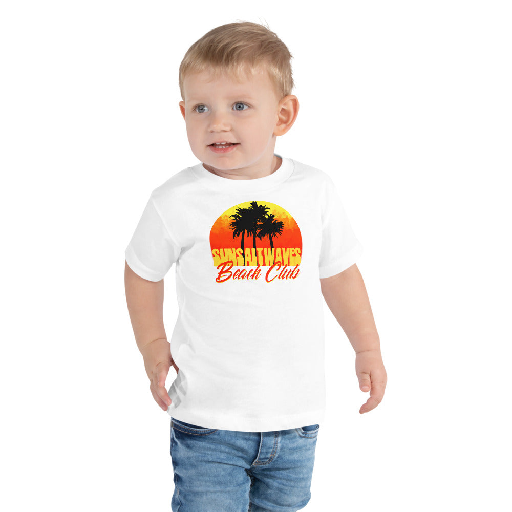 Beach Club Toddler Tee from Sun Salt Waves Sunset Palms Baby Boy Model