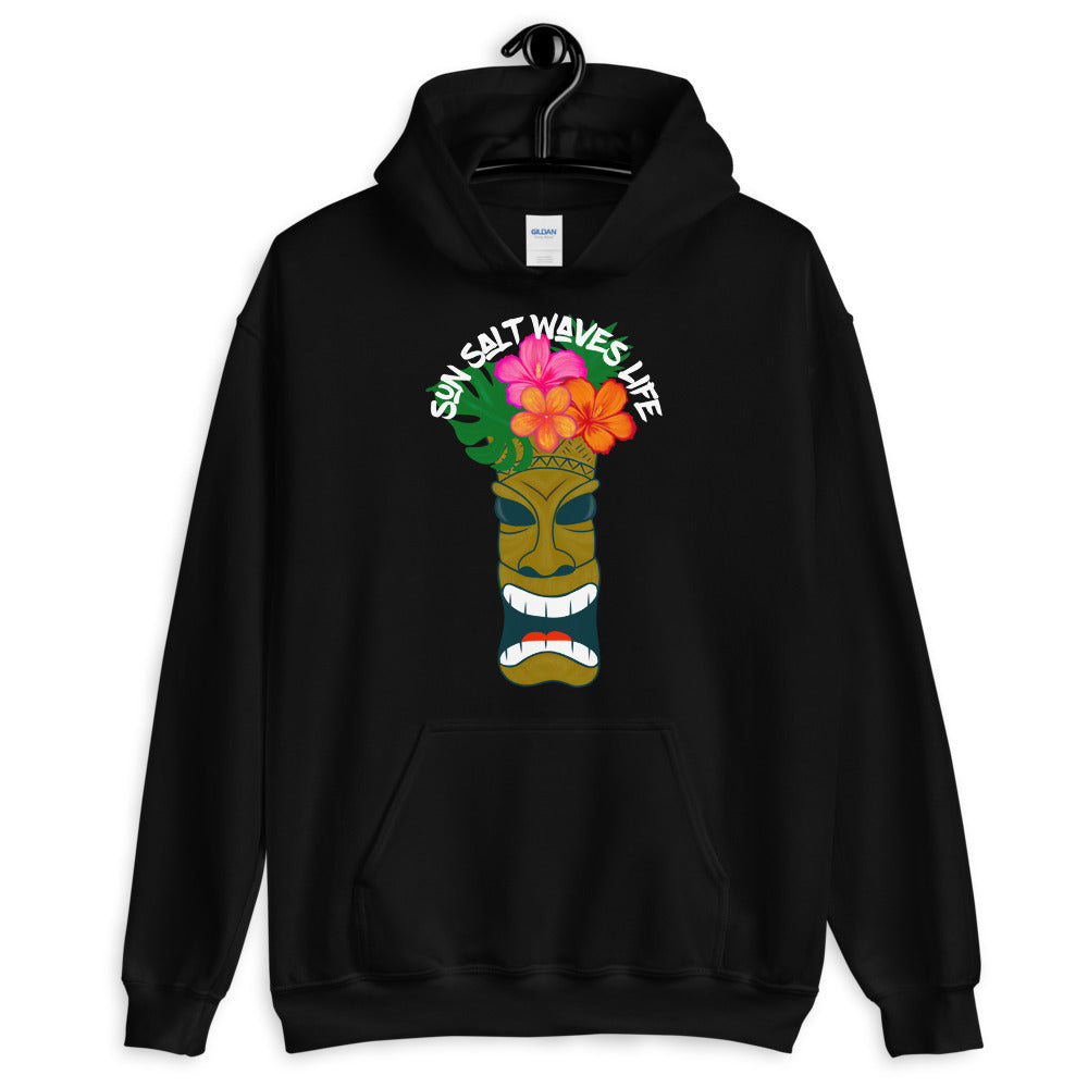 Sun Salt Waves Tiki Black Hoodie Unisex Men's Women's Graphic Large Tiki with Flower Crown Tiki with Flower Crown