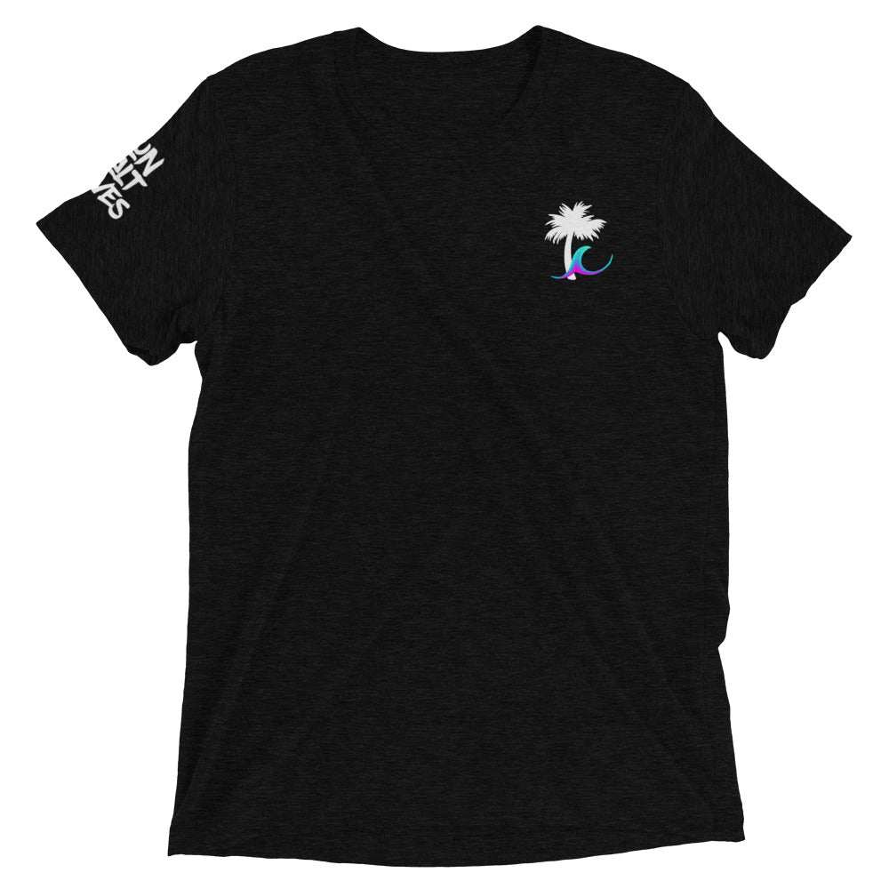 Paradise Palm Tee Unisex Graphic Tee Palm and Wave Sun Salt Waves on Sleeve Men’s Women’s Black