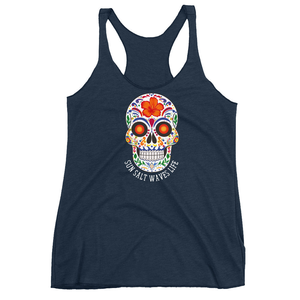 Sun Salt Waves Life Flowy Racerback Tank Graphic Tank Sugar Skull Women’s Junior’s Sun Salt Waves Vintage Navy