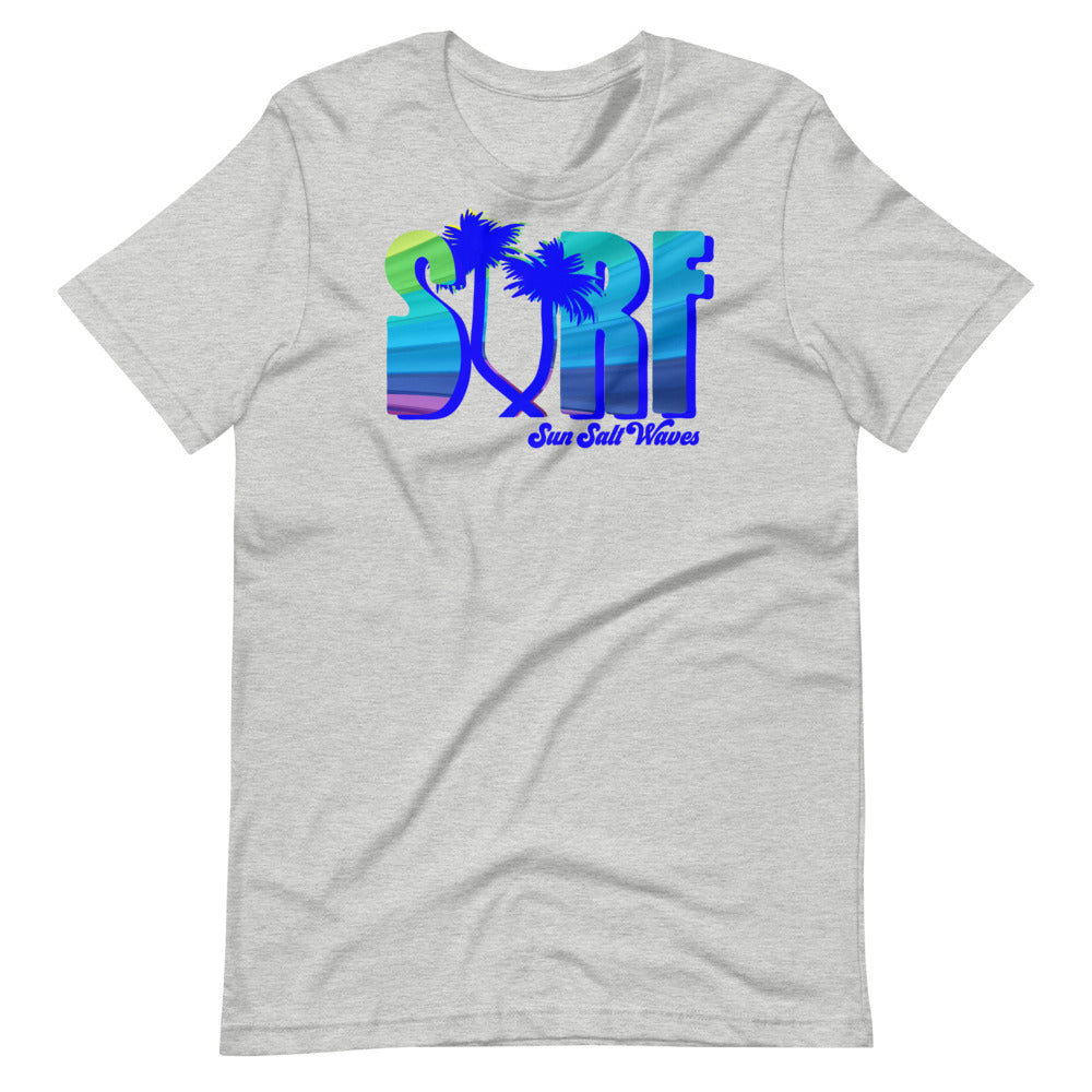 Surf Life Tee from Sun Salt Waves Colorful Typography with Palm Tree Silhouettes Athletic Heather Gray