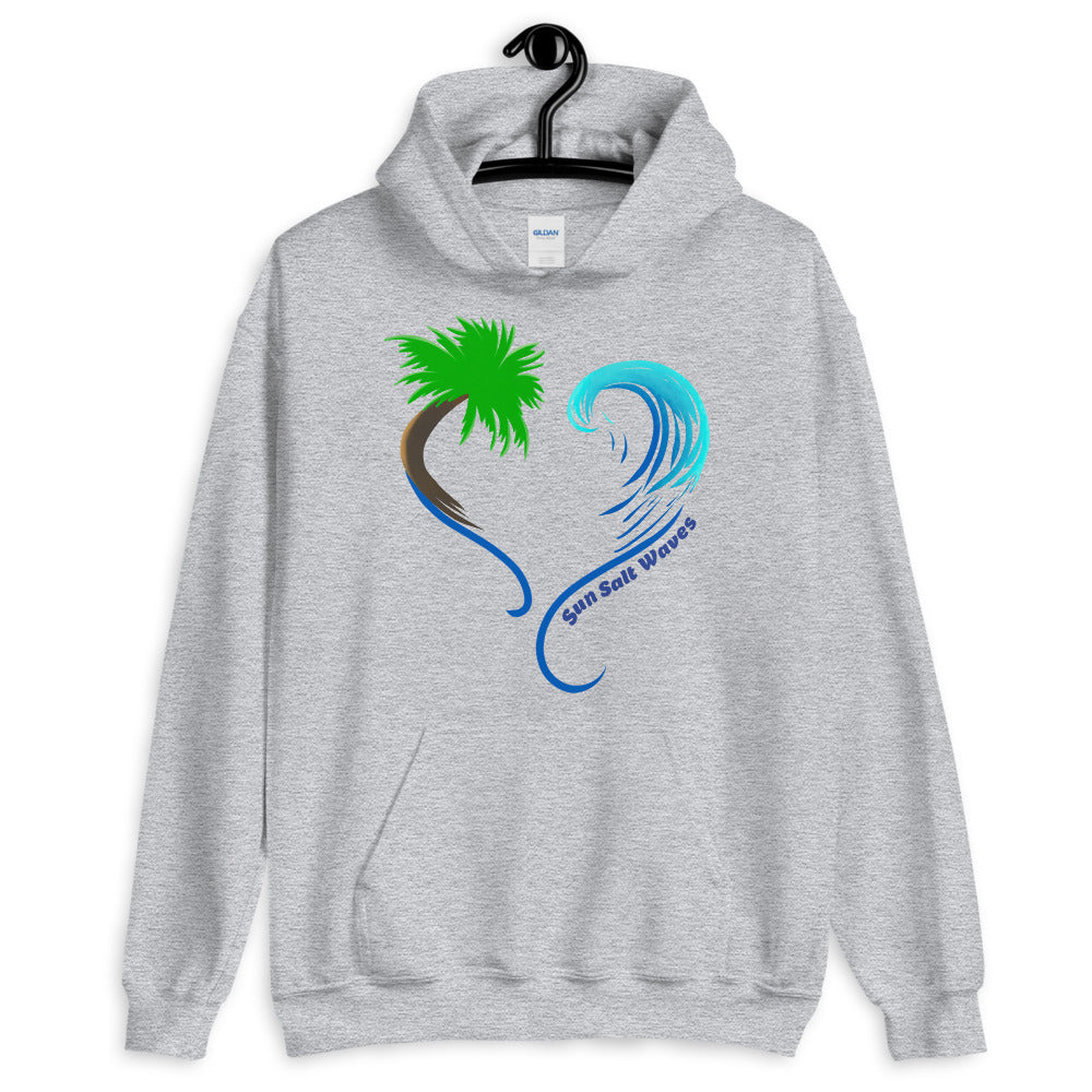 Sun Salt Waves Rising Tides Indigo Blue Hoodie Unisex Men’s Women’s Graphic Heart Shaped Multi Color Wave and Palm SilhouetteHeather Gray
