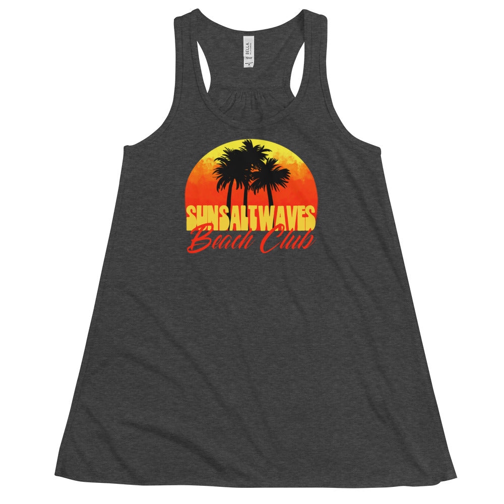 Beach Club Flowy Racerback Tank Sunset Palms Graphic Tank Women’s Junior’s Sun Salt Waves Charcoal Heather Grey Athleisure