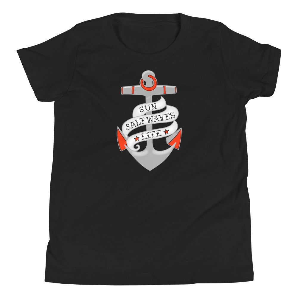 Sink or Swim Youth Tee from Sun Salt Waves vintage style, nautical anchor with a banner that reads Sun Salt Waves Life Black
