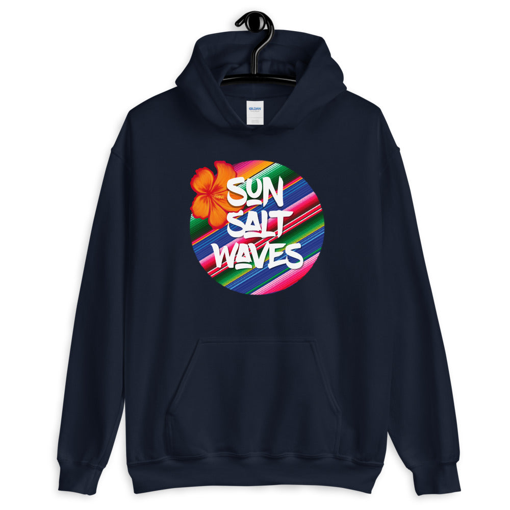 Serape Navy Blue Hoodie Unisex Men's Women's Graphic Orange Hibiscus, Sun Salt Waves and Serape Circle