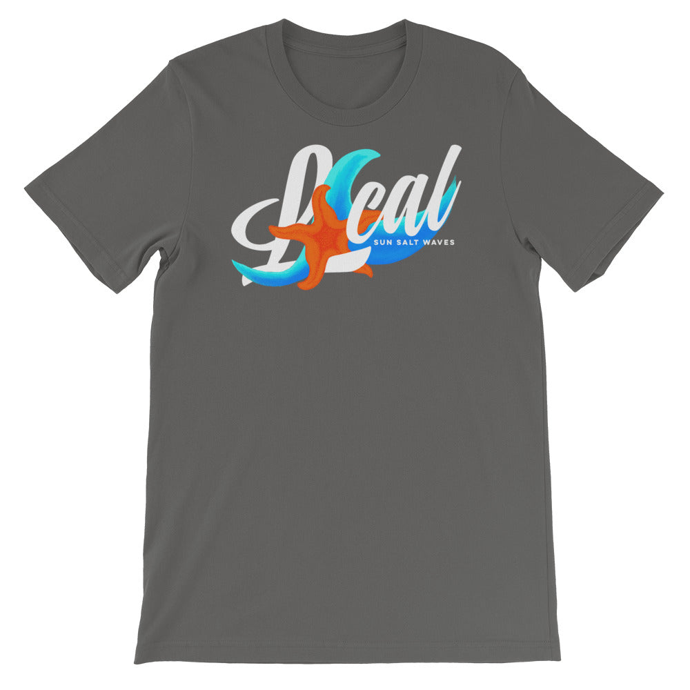 Sea Life ‘Local’ Raw Neck Tee Unisex Graphic Tee Wave Starfish and Local Sun Salt Waves Men’s Women’s Gray