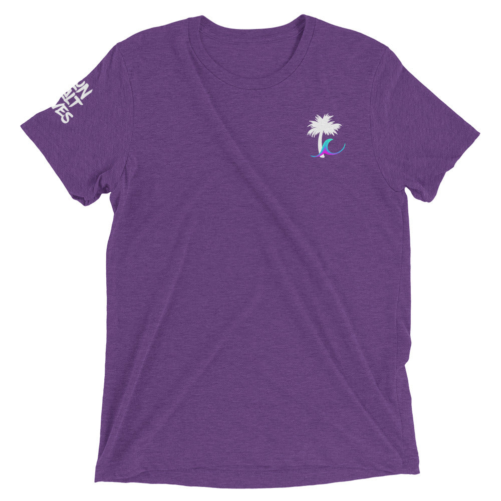 Paradise Palm Tee Unisex Graphic Tee Palm and Wave Sun Salt Waves on Sleeve Men’s Women’s Purple