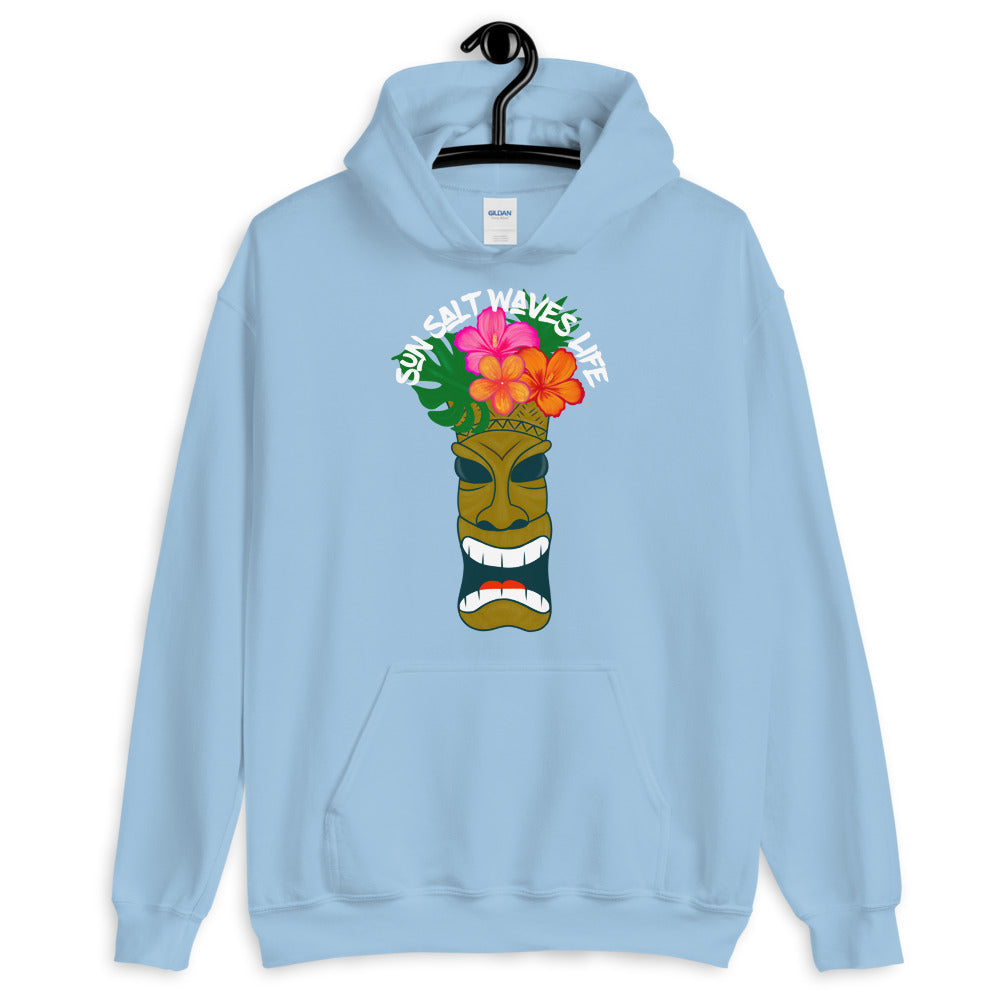 Sun Salt Waves Tiki Light Blue Hoodie Unisex Men's Women's Graphic Large Tiki with Flower Crown Tiki with Flower Crown